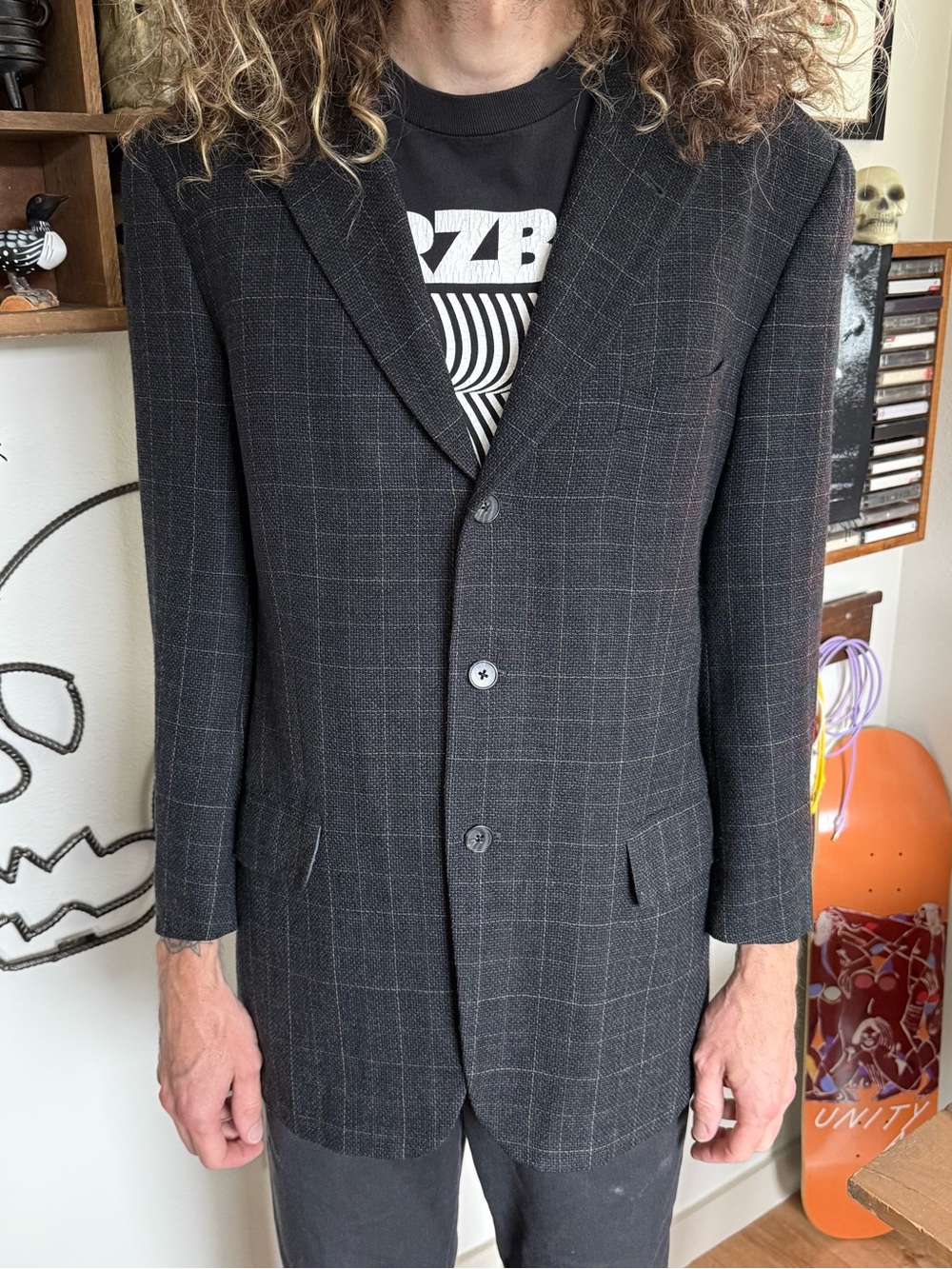 Vintage 80s Charcoal Gray Grid Check Wool Blazer ~ Size 40R / Medium